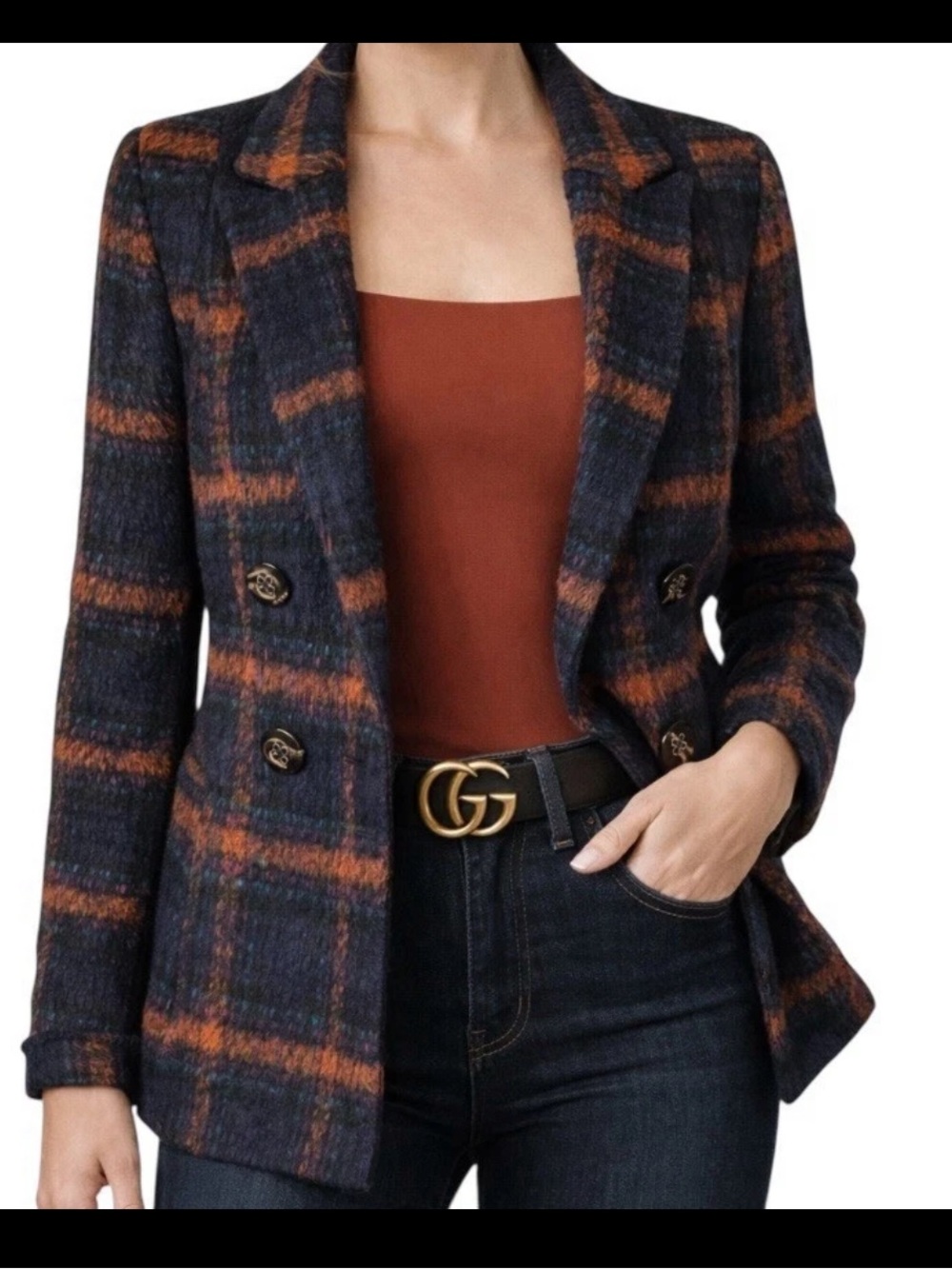 CAbi Checkmate Plaid Wool Blend Peacoat Blazer Jacket #3736 Small Double-Breast